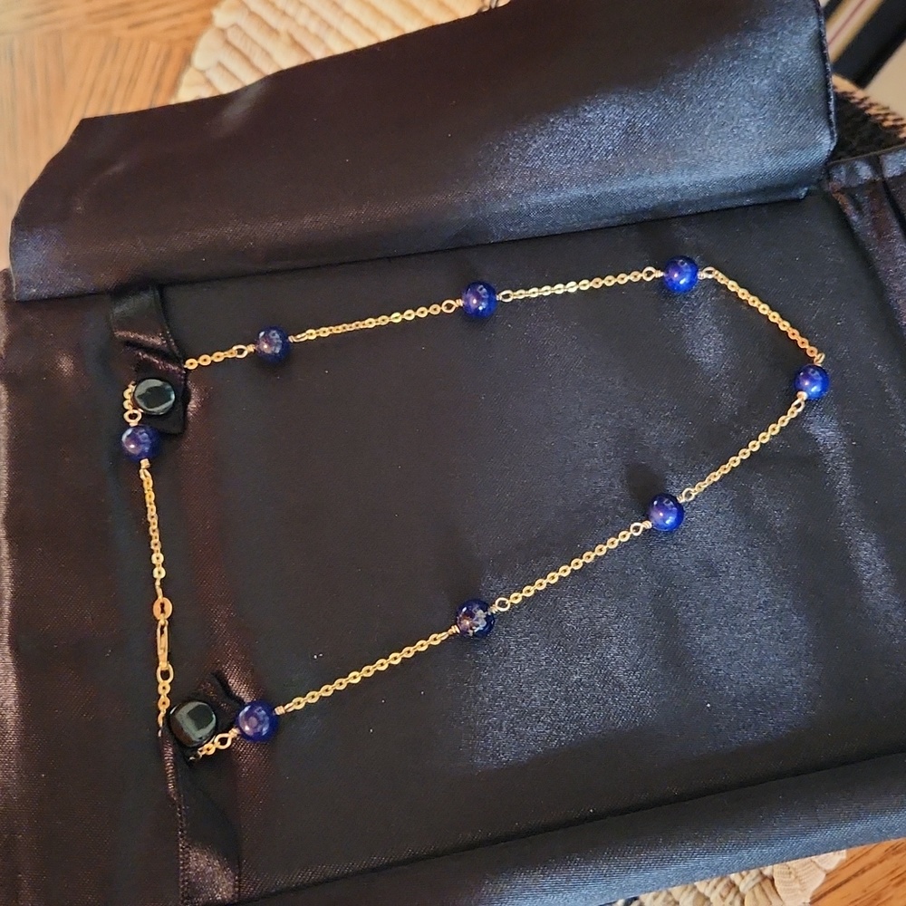 14K Italian gold Lapis Lazuli station necklace.